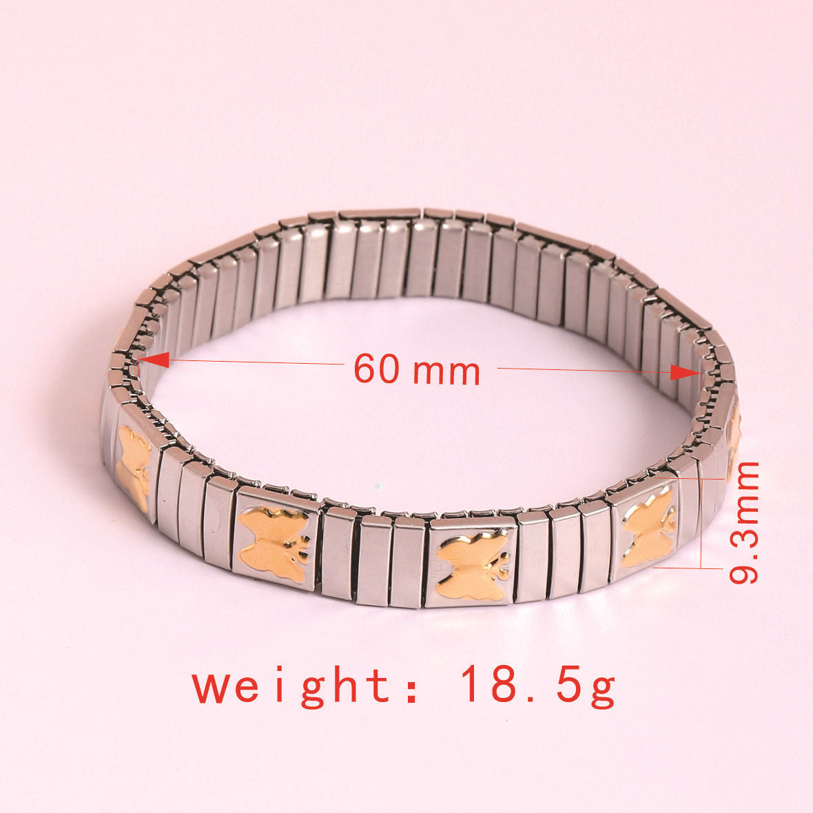 Two-toned 18k gold plated titanium elastic stretch bracelet adorned with butterfly pattern