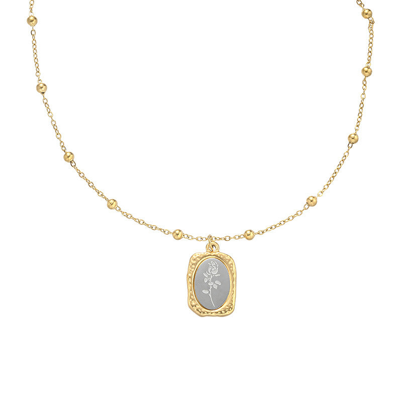 Rose carved in rectangle brick pendant necklace