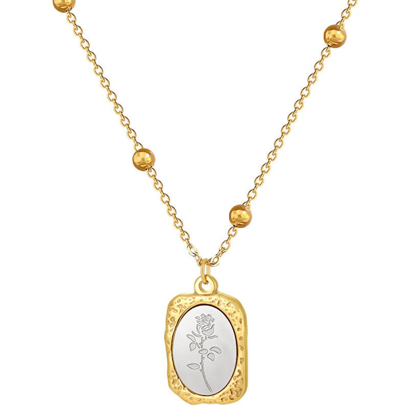 Rose carved in rectangle brick pendant necklace