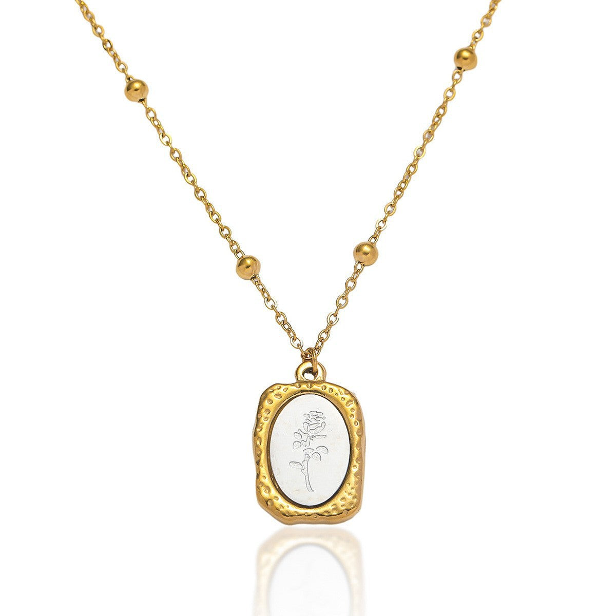 Rose carved in rectangle brick pendant necklace