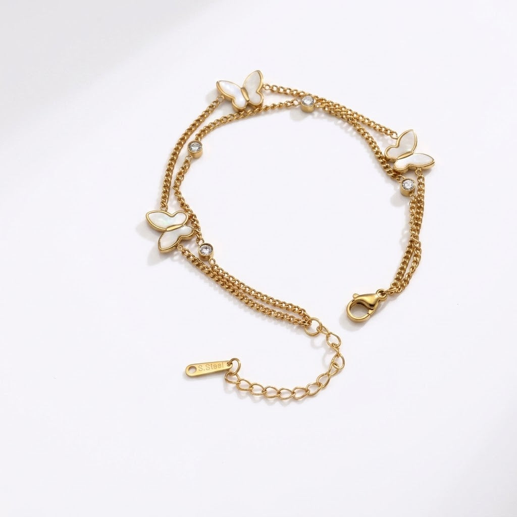 white butterfly & charm double layered 18k gold plated bracelet