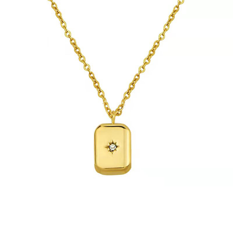 Small Square Brick Pendant Star Carved Grain Inlaid with Diamonds Necklace